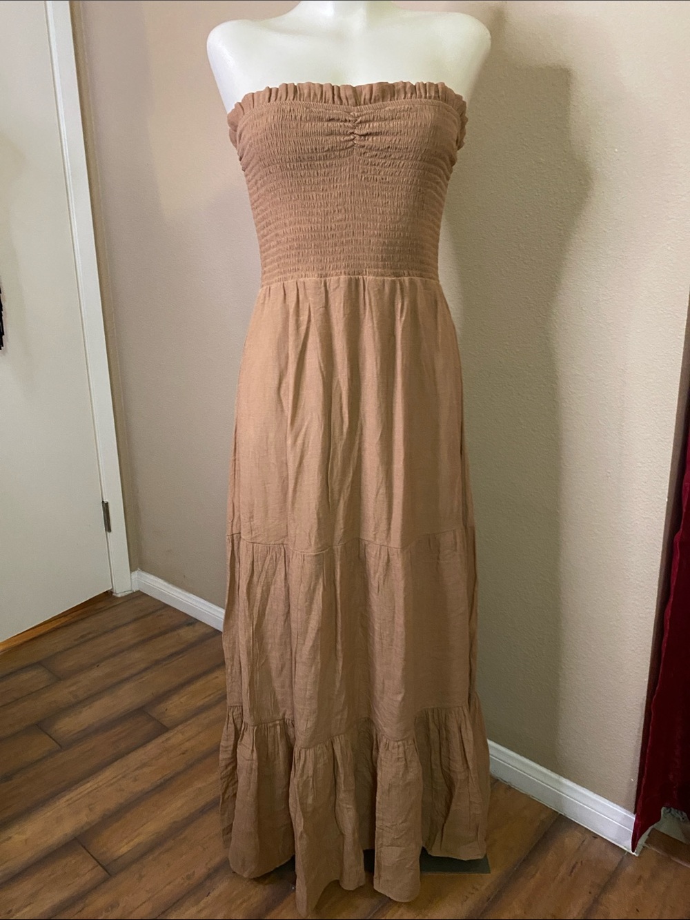 Love Tree Caramel Brown Smocked tube top style maxi prairie boho festival dress